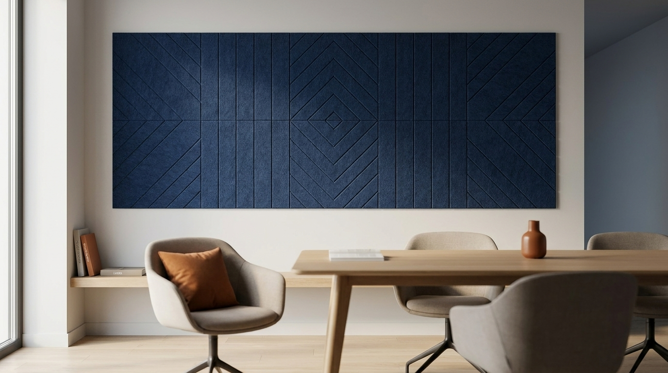 Staal, maar dan zacht, akoestische wand van 10 viltpanelen, samen 250 bij 100 cm, in een kantoor