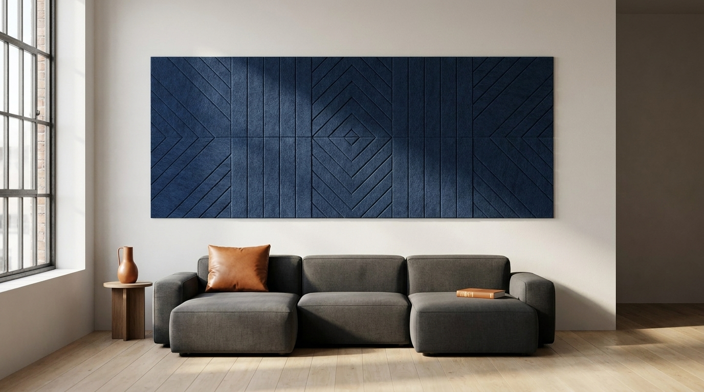 Staal, maar dan zacht, akoestische wand van 10 viltpanelen, samen 250 bij 100 cm, in een woonkamer