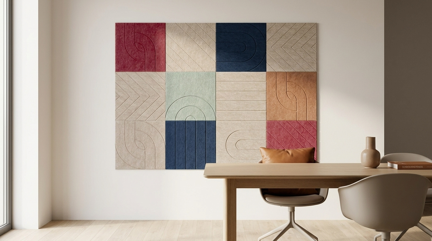 Ernstig speels, akoestische wand van 12 viltpanelen, samen 200 bij 150 cm, in een kantoor