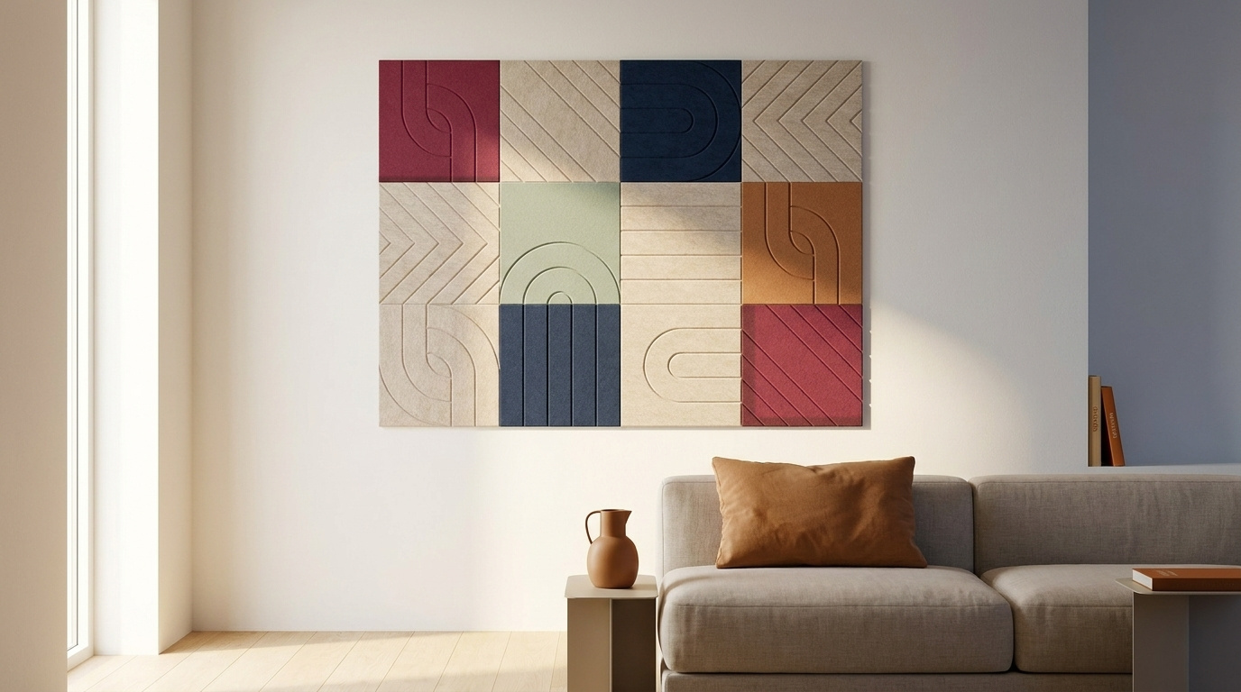 Ernstig speels, akoestische wand van 12 viltpanelen, samen 200 bij 150 cm, in een woonkamer