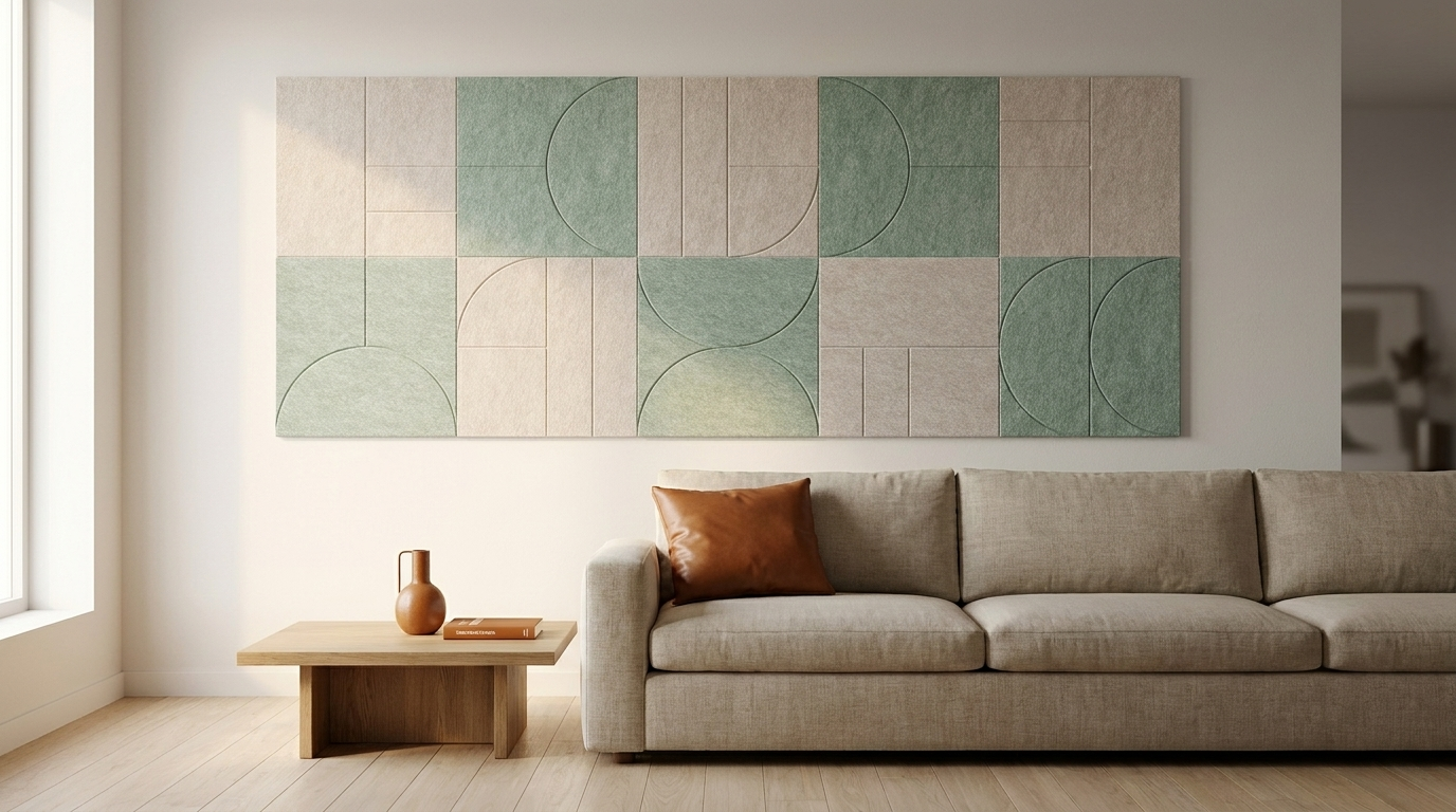 Strak op het land, akoestische wand van 10 viltpanelen, samen 250 bij 100 cm, in een woonkamer