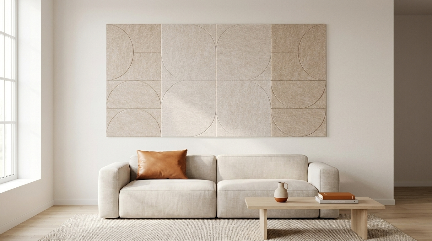 Zacht op zacht, akoestische wand van 8 viltpanelen, samen 200 bij 100 cm, in een woonkamer