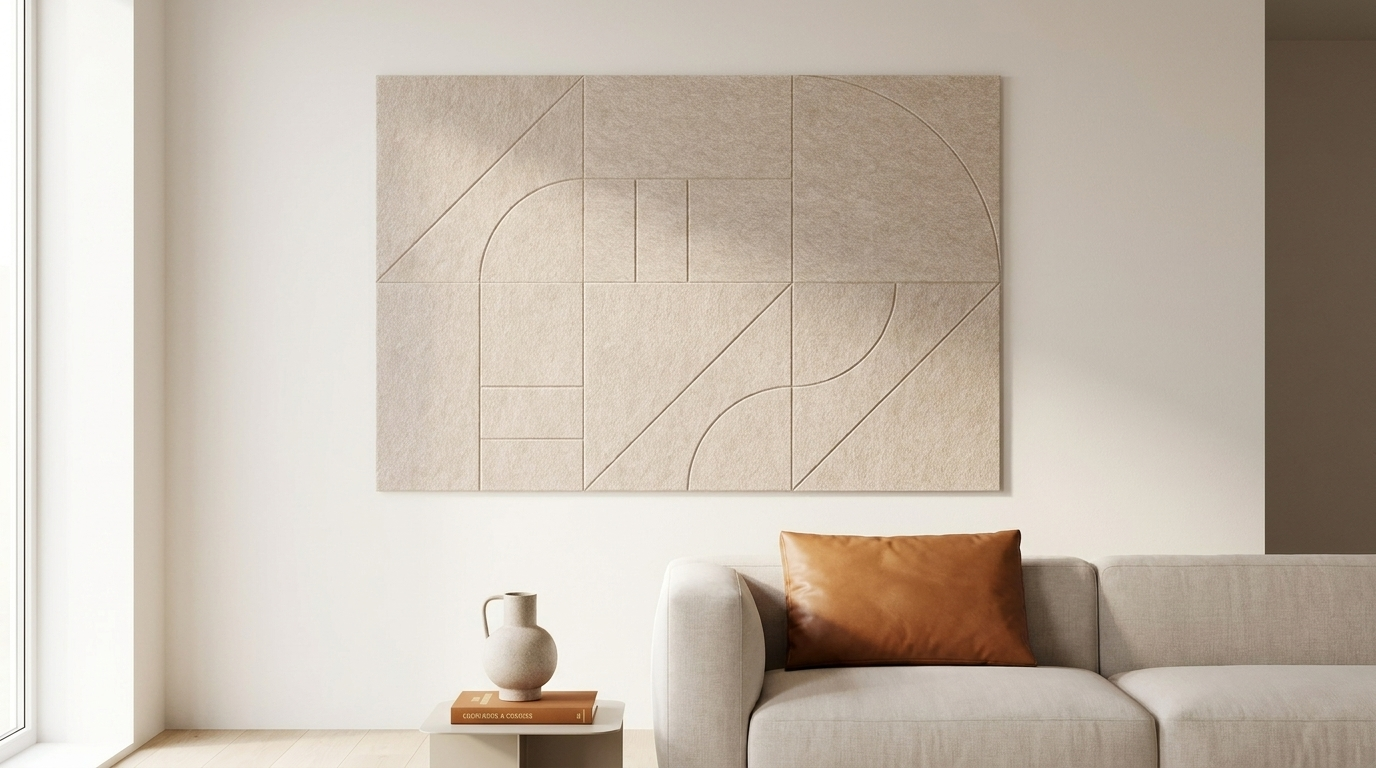 Bijna niets, precies genoeg, akoestische wand van 6 viltpanelen, samen 150 bij 100 cm, in een woonkamer