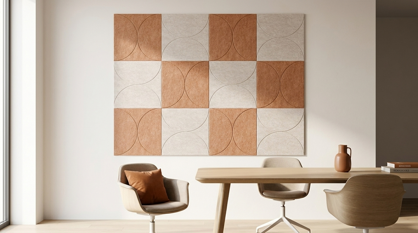 Binnenplaats van vilt, akoestische wand van 12 viltpanelen, samen 200 bij 150 cm, in een kantoor