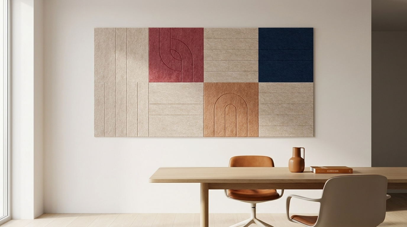 Knipoog naar Rietveld, akoestische wand van 8 viltpanelen, samen 200 bij 100 cm, in een kantoor