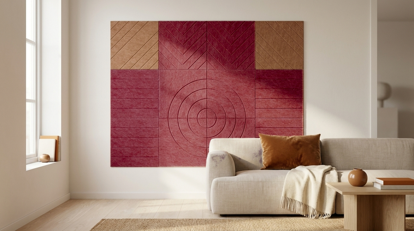 De waaier, in bordeaux, akoestische wand van 12 viltpanelen, samen 200 bij 150 cm, in een woonkamer