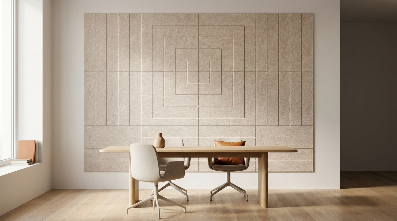 Monoliet in daglicht, akoestische wand van 12 viltpanelen, samen 200 bij 150 cm, in een kantoor