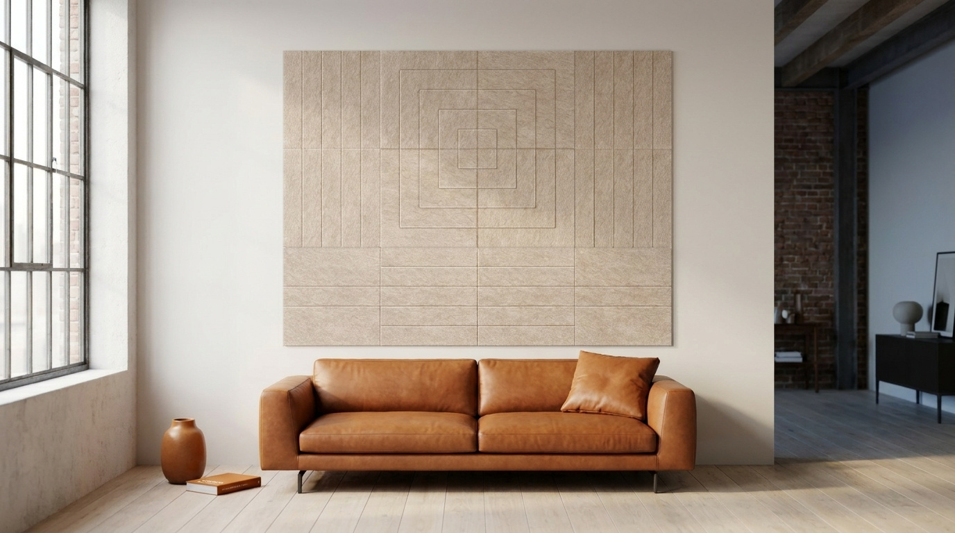 Monoliet in daglicht, akoestische wand van 12 viltpanelen, samen 200 bij 150 cm, in een woonkamer