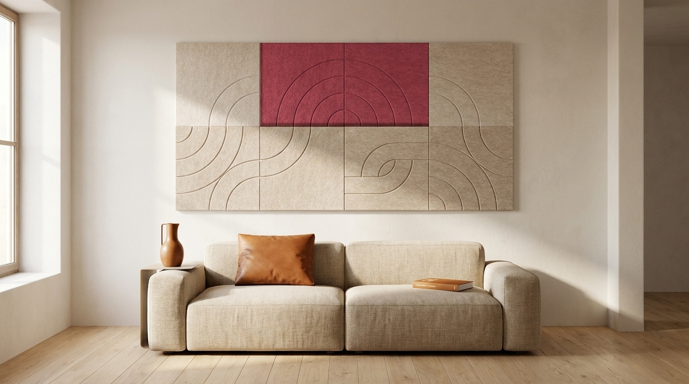 De regenboog, in blush, akoestische wand van 8 viltpanelen, samen 200 bij 100 cm, in een woonkamer