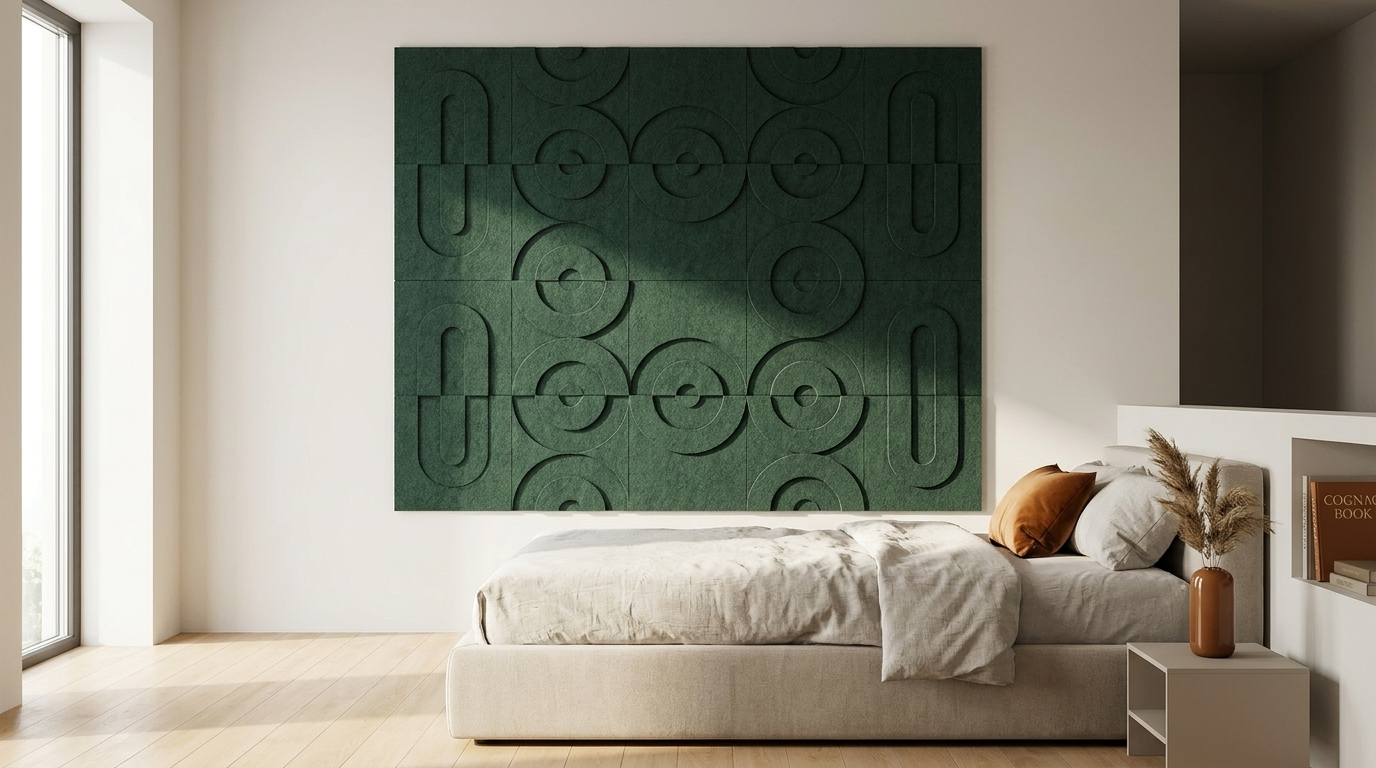 De suite, in flessengroen, akoestische wand van 5 Maya 3D-sets van elk twee panelen, samen 250 bij 100 cm, in een slaapkamer