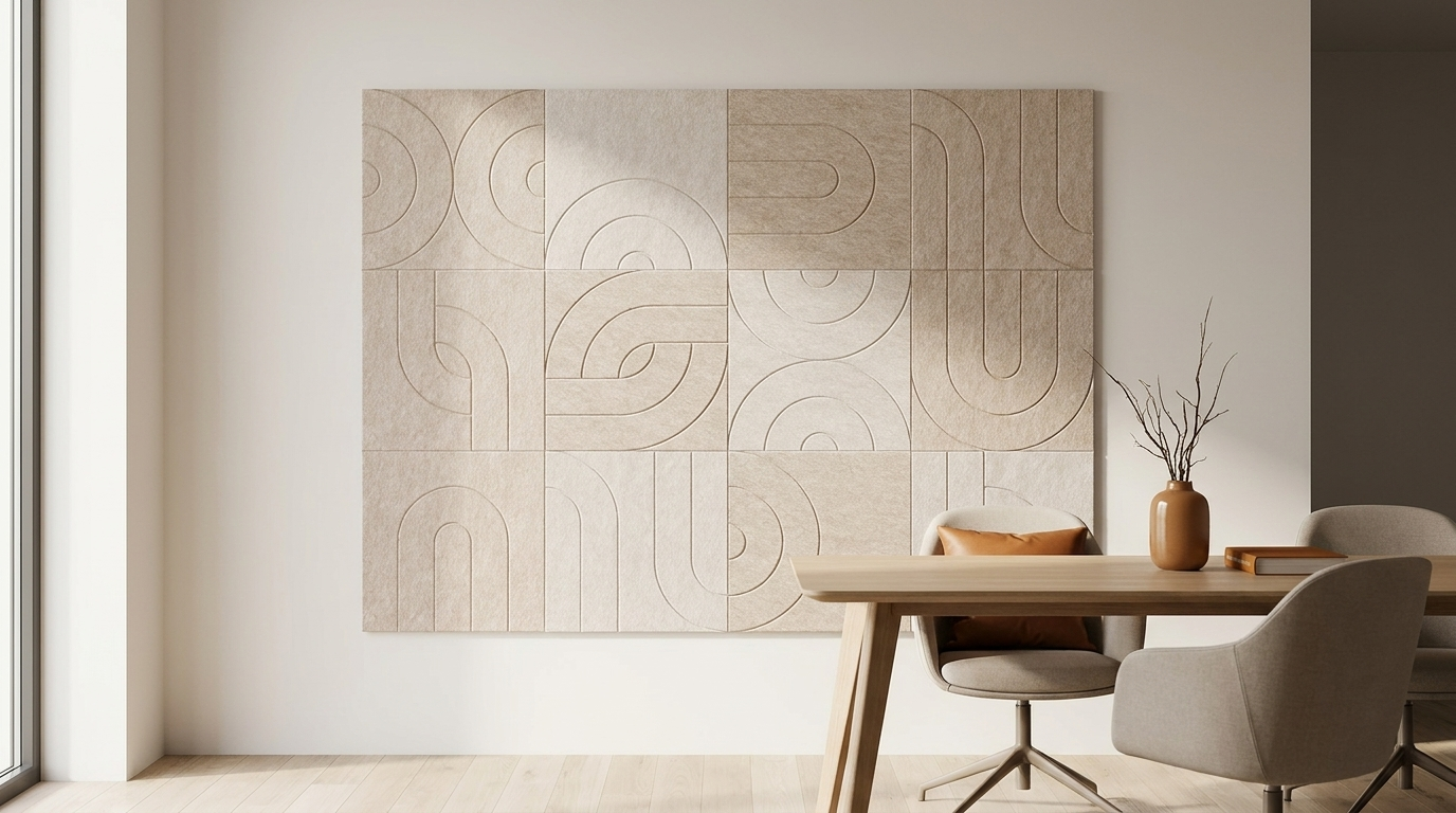 Bauhaus, fluisterend, akoestische wand van 12 viltpanelen, samen 200 bij 150 cm, in een kantoor