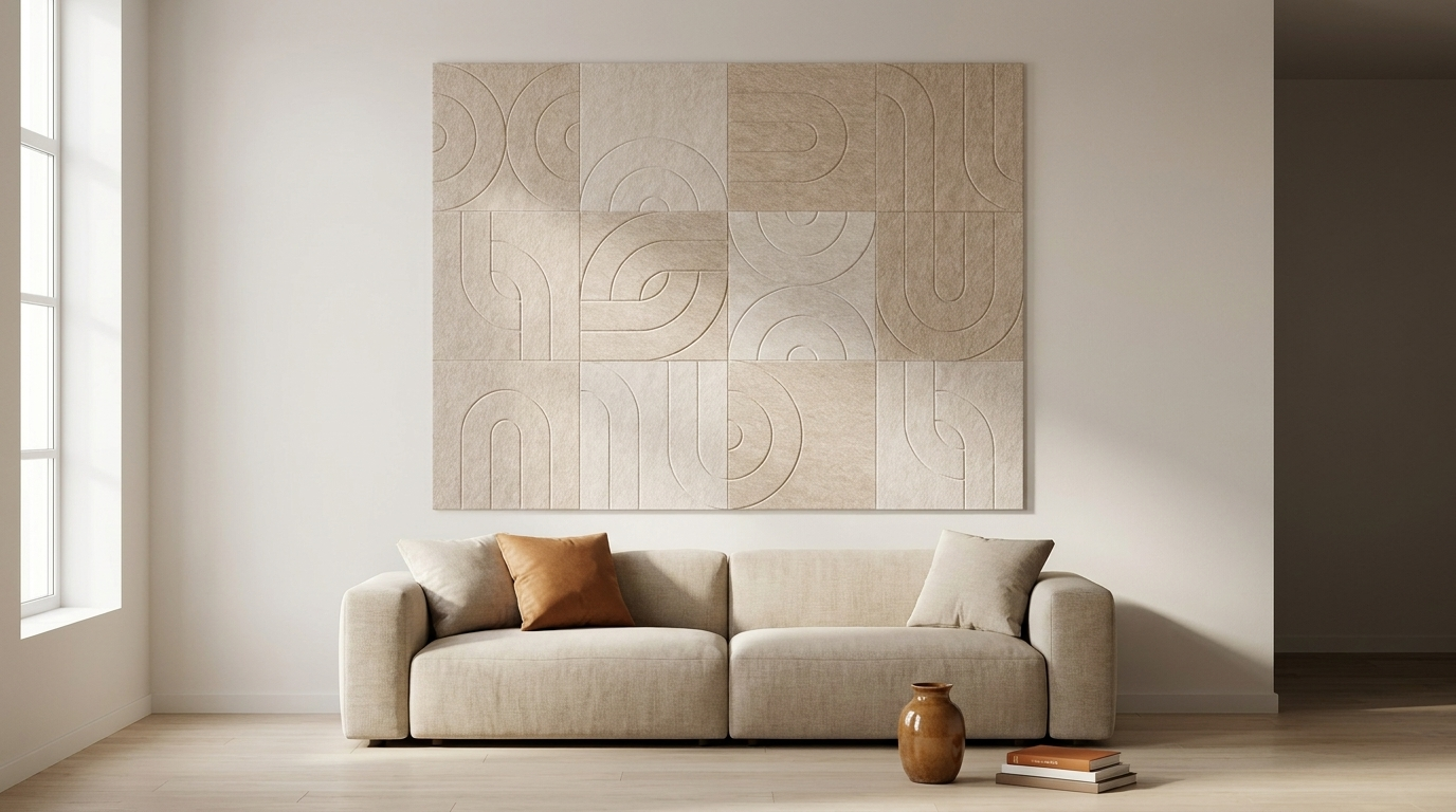 Bauhaus, fluisterend, akoestische wand van 12 viltpanelen, samen 200 bij 150 cm, in een woonkamer