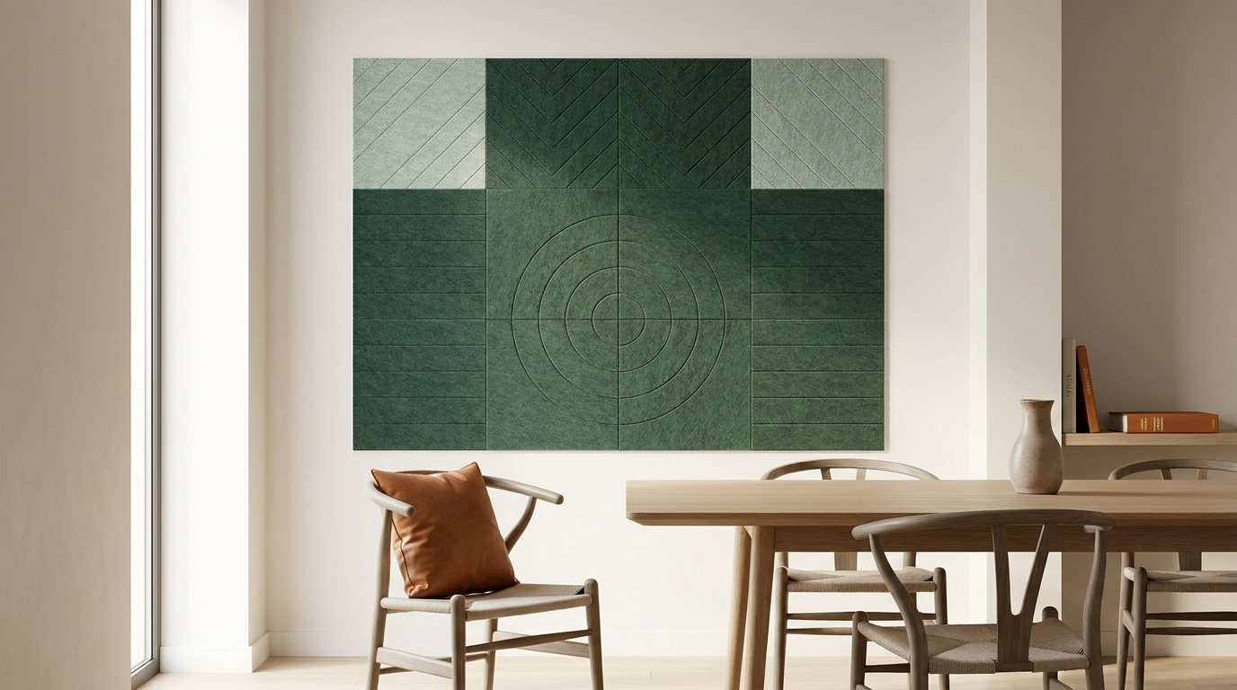 Deco in twee tinten groen, akoestische wand van 12 viltpanelen, samen 200 bij 150 cm, in een kantoor