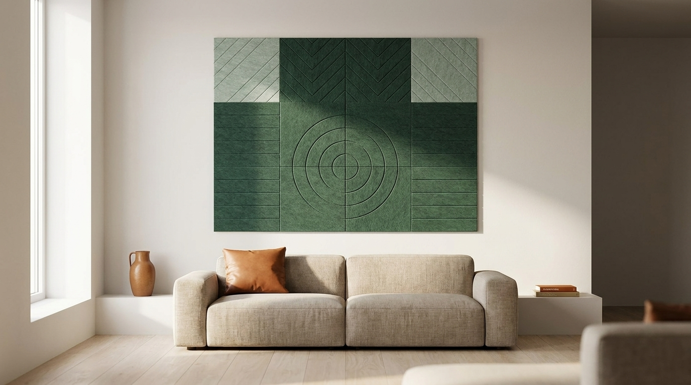 Deco in twee tinten groen, akoestische wand van 12 viltpanelen, samen 200 bij 150 cm, in een woonkamer