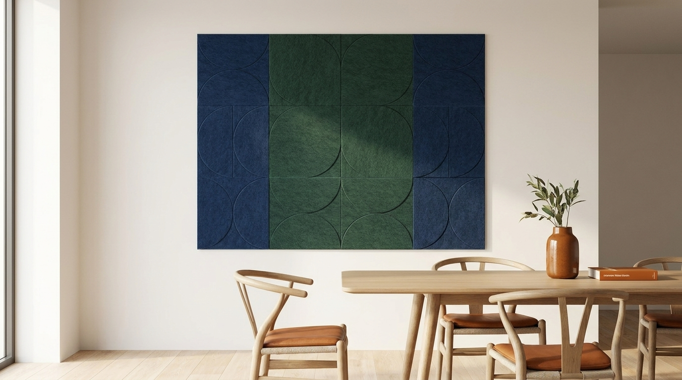 Blauw op groen, na twaalven, akoestische wand van 12 viltpanelen, samen 200 bij 150 cm, in een kantoor