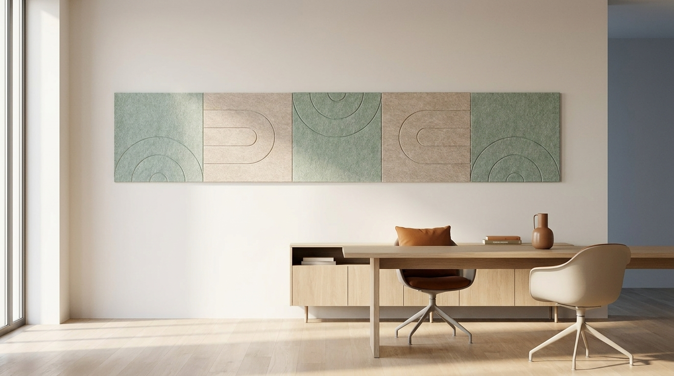 Tafelgesprek zonder galm, akoestische wand van 5 viltpanelen, samen 250 bij 50 cm, in een kantoor