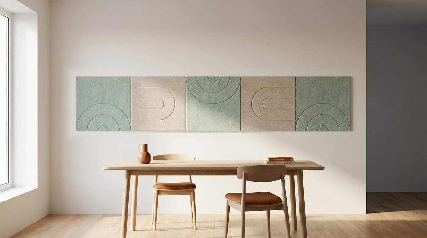 Tafelgesprek zonder galm, akoestische wand van 5 viltpanelen, samen 250 bij 50 cm, in een eetkamer