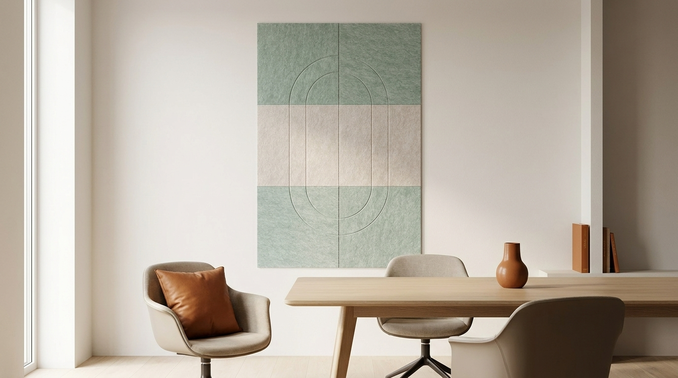 Het gebaar, akoestische wand van 6 viltpanelen, samen 100 bij 150 cm, in een kantoor