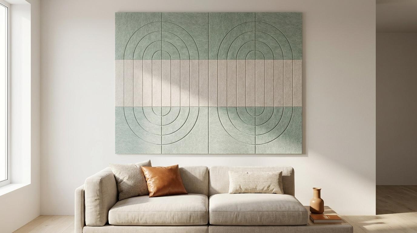 Het middelpunt, akoestische wand van 12 viltpanelen, samen 200 bij 150 cm, in een woonkamer