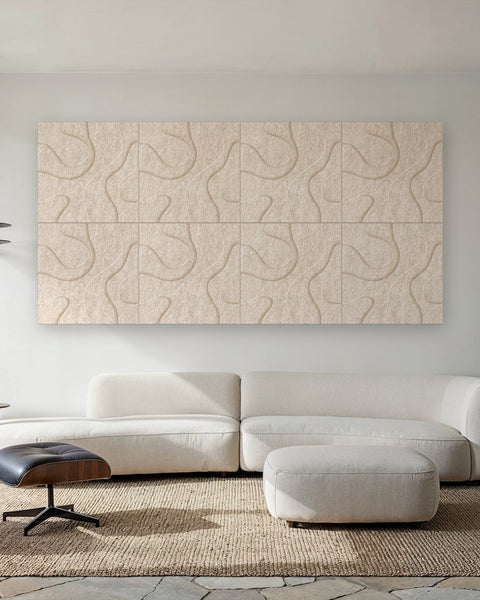 Waves Contour IV 3D akoestische wandpanelen — sfeerimpressie loungekamer (Sand)