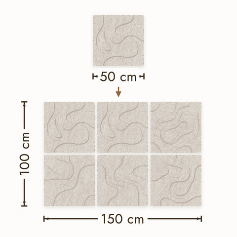 Akoestische wandpanelen uit de Maeven Waves-serie op schaal in een ruimte, PET-vilt in beige