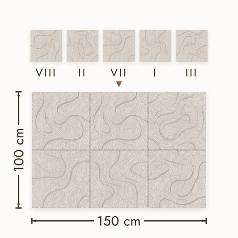 Akoestische wandpanelen uit de Maeven Waves-serie gemixt tot een wand, PET-vilt in beige