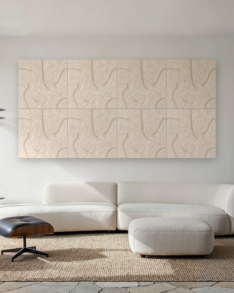 Waves Drift VI 3D akoestische wandpanelen — sfeerimpressie loungekamer (Sand)