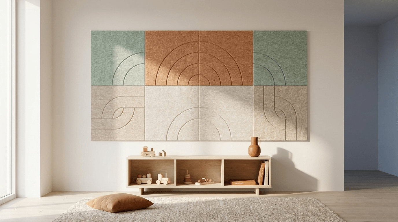 Gentle on little ears: an acoustic wall made of 8 felt panels, measuring 200 by 100 cm in total, in a child's room