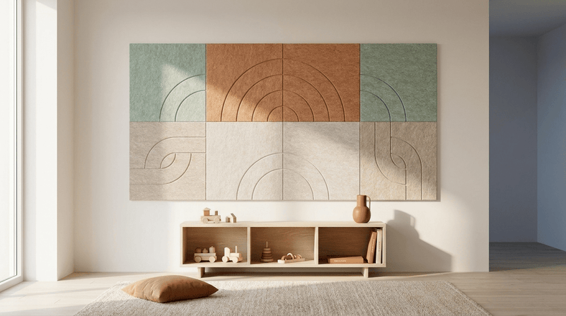 Zacht voor kleine oren, akoestische wand van 8 viltpanelen, samen 200 bij 100 cm, in een kinderkamer
