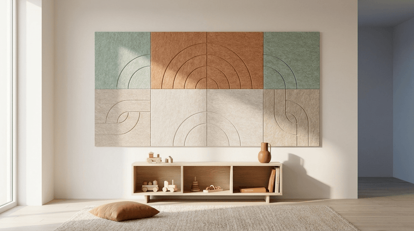 Zacht voor kleine oren, akoestische wand van 8 viltpanelen, samen 200 bij 100 cm, in een kinderkamer