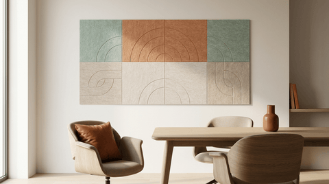 Zacht voor kleine oren, akoestische wand van 8 viltpanelen, samen 200 bij 100 cm, in een kantoor