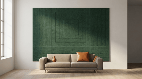 Zachte monoliet, akoestische wand van 12 viltpanelen, samen 200 bij 150 cm, in een woonkamer