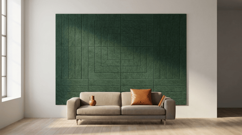 Zachte monoliet, akoestische wand van 12 viltpanelen, samen 200 bij 150 cm, in een woonkamer